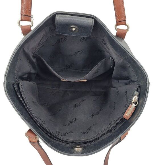 Fossil Black Genuine Leather Tote Bag Pebble Brown Embroidery Western City Med - Picture 11 of 12